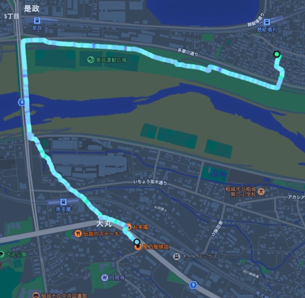 競艇場前駅から星乃珈琲店稲城店へのルート